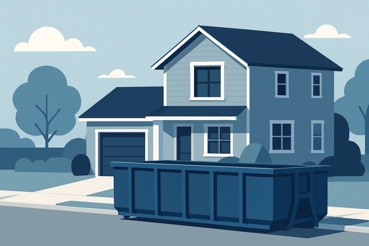 Illustration of a roll-off dumpster at a home
