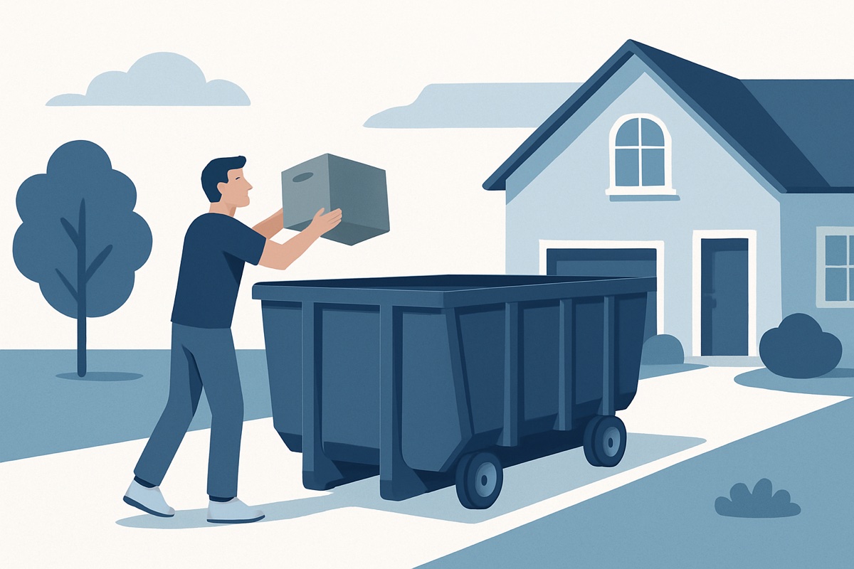 Illustration of a roll-off dumpster at a home
