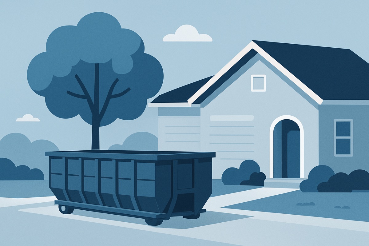 Illustration of a roll-off dumpster at a home
