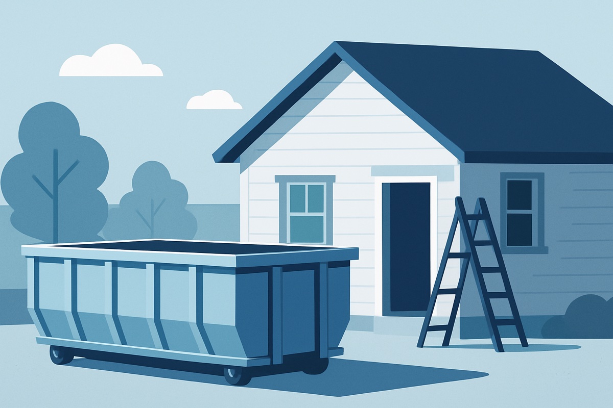 Illustration of a roll-off dumpster at a home