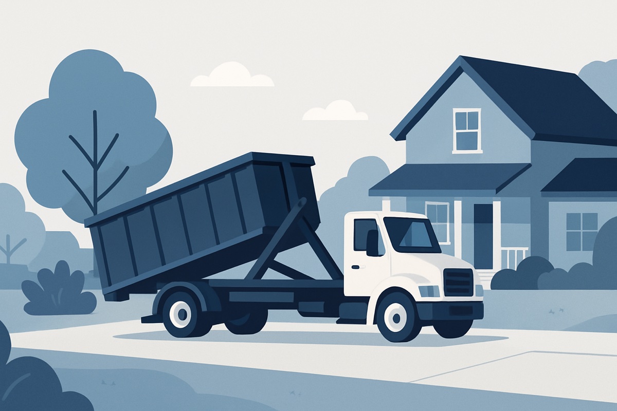 Illustration of a roll-off dumpster at a home