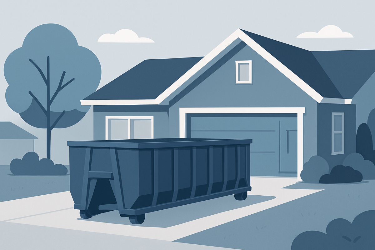 Illustration of a roll-off dumpster at a home