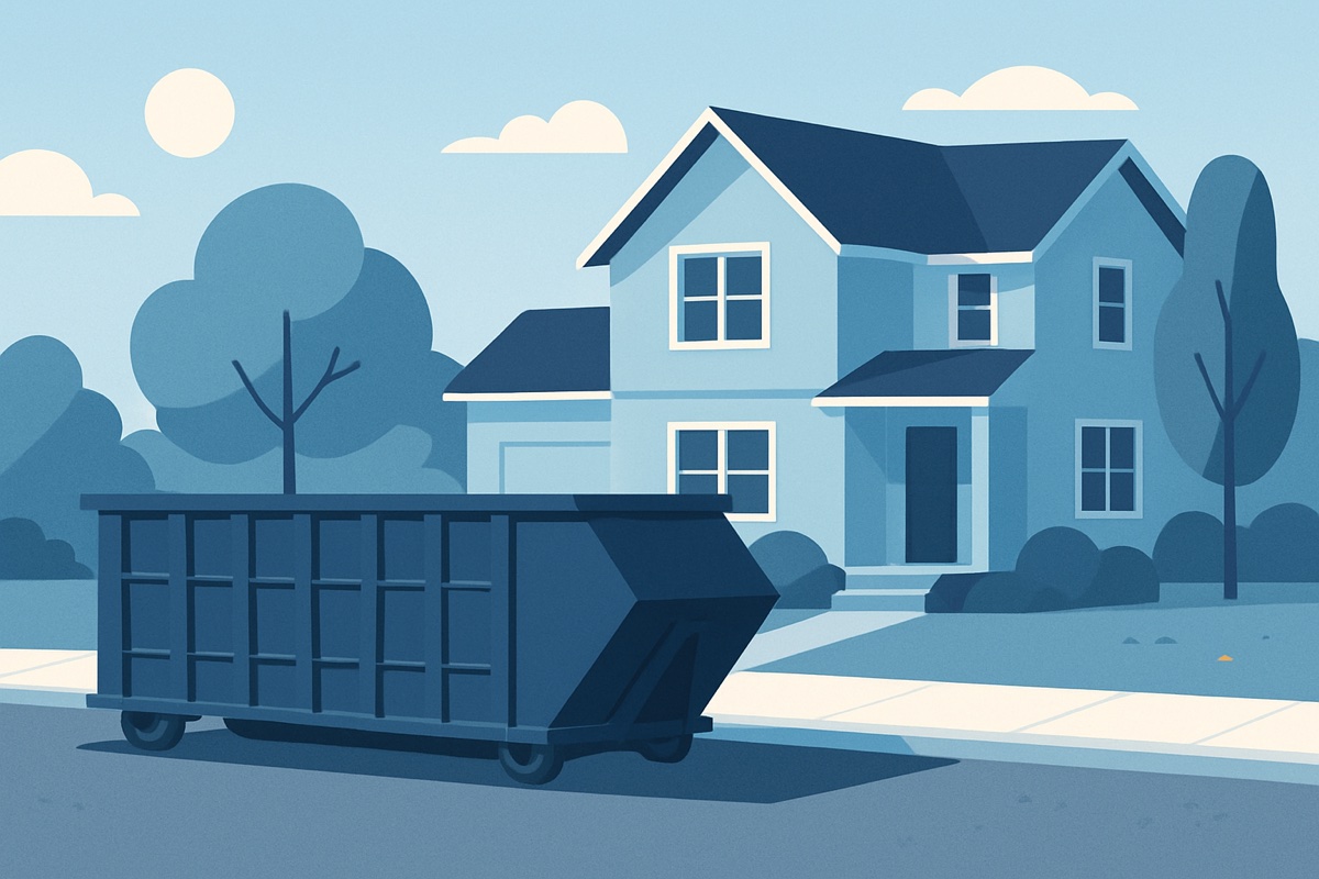 Illustration of a roll-off dumpster at a home