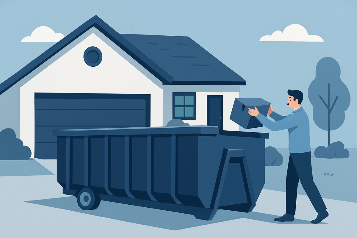 Illustration of a roll-off dumpster at a home