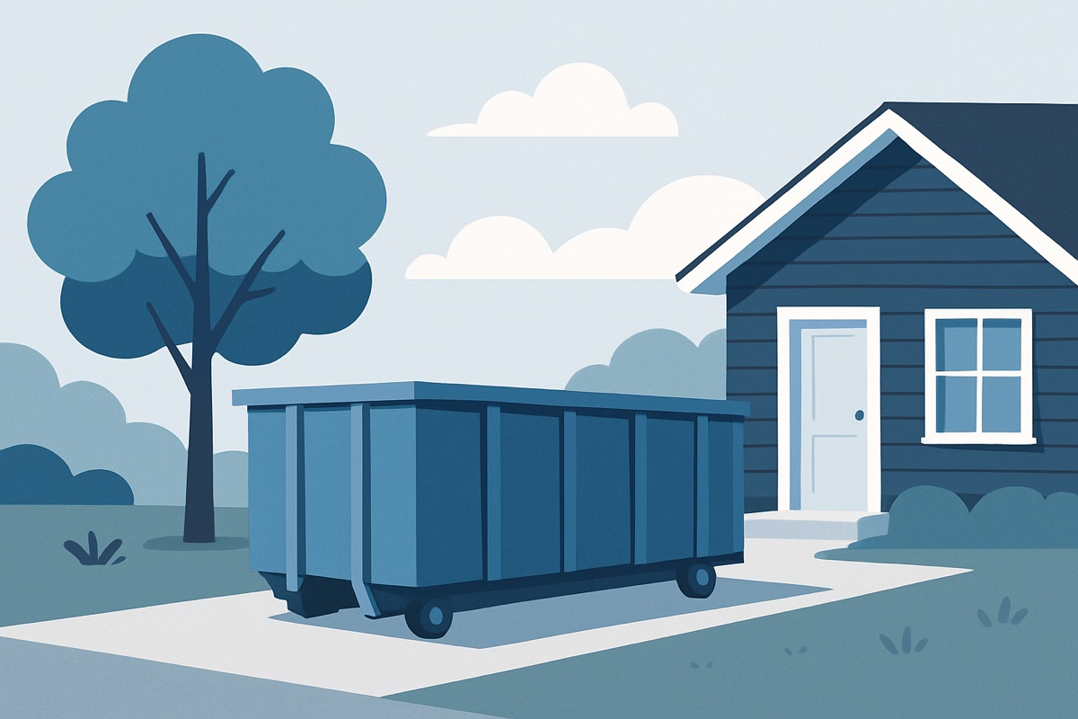 Illustration of a roll-off dumpster at a home