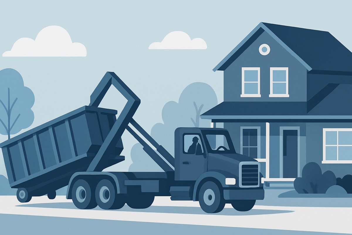 Illustration of a roll-off dumpster at a home