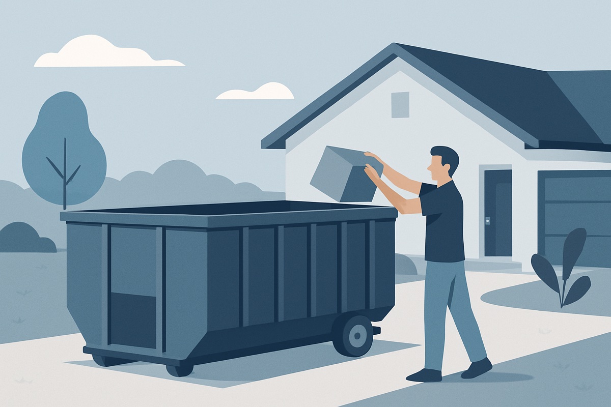 Illustration of a roll-off dumpster at a home