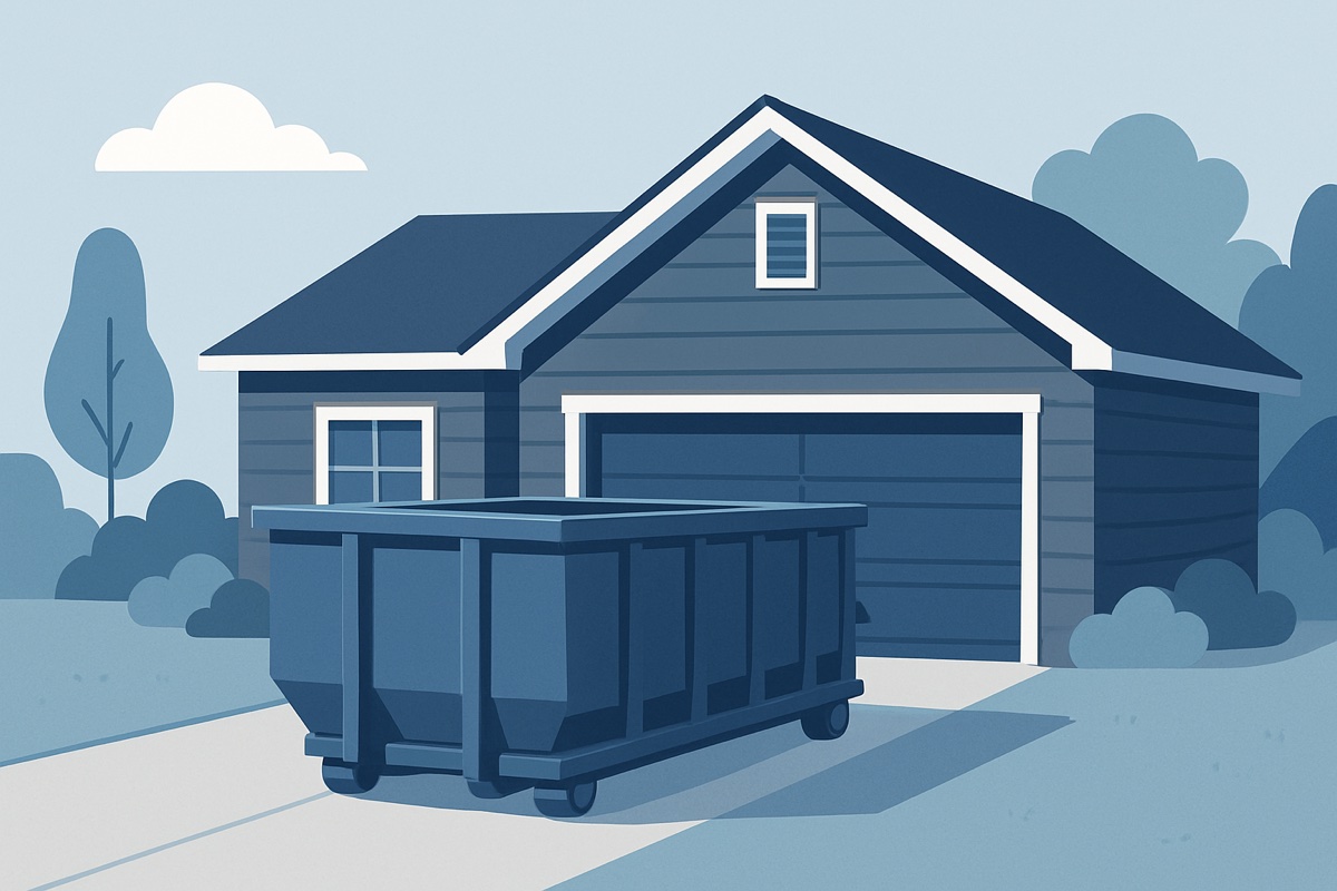 Illustration of a roll-off dumpster at a home