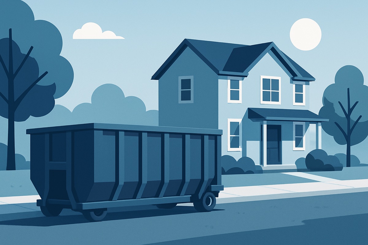 Illustration of a roll-off dumpster at a home