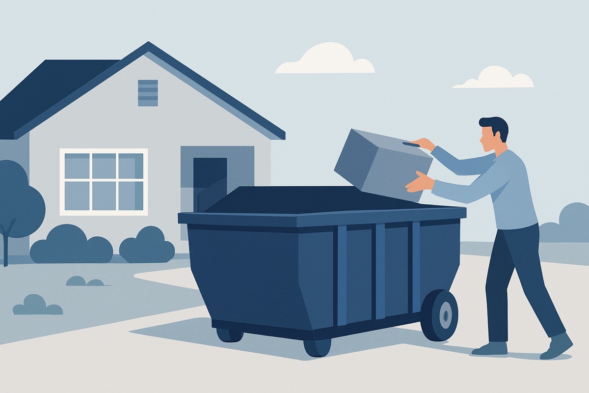 Illustration of a roll-off dumpster at a home