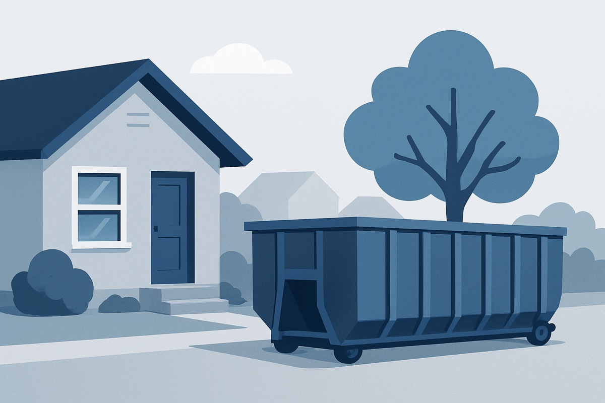 Illustration of a roll-off dumpster at a home