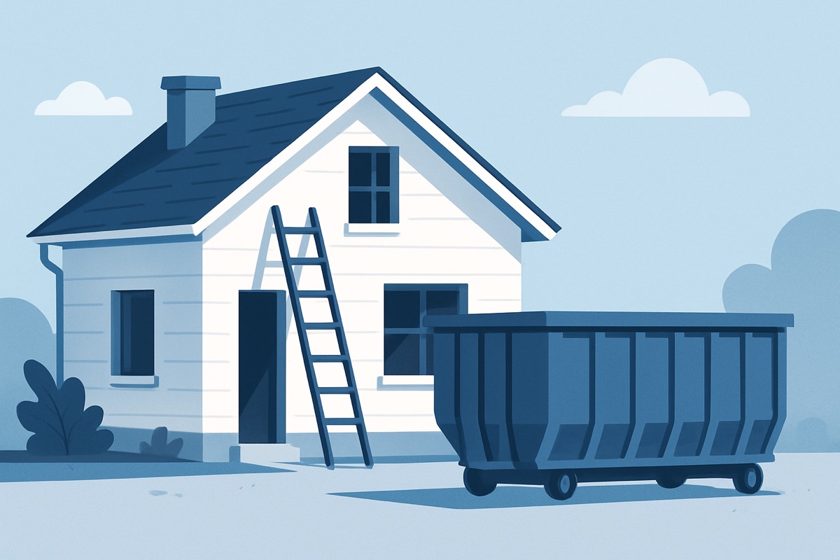 Illustration of a roll-off dumpster at a home