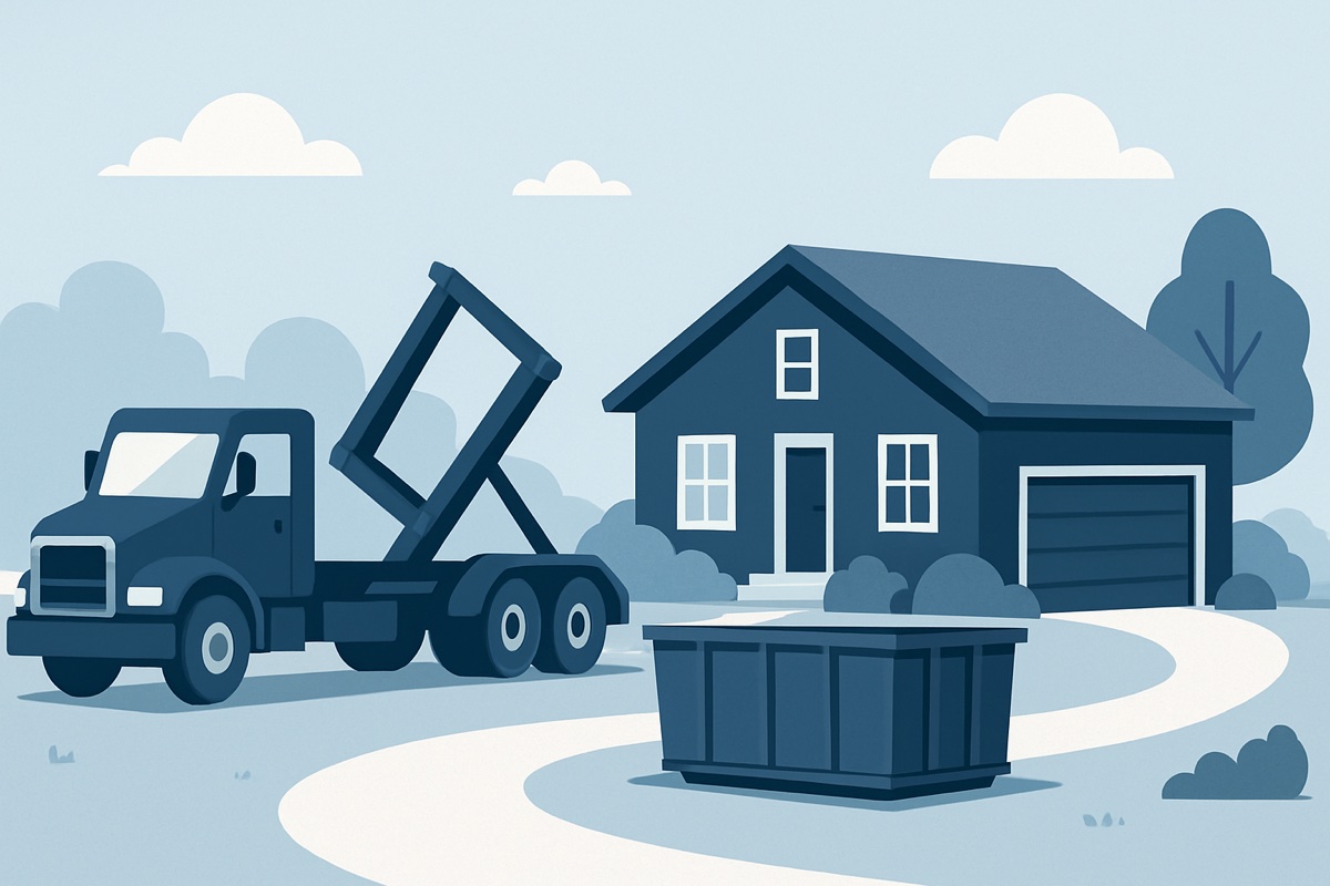 Illustration of a roll-off dumpster at a home