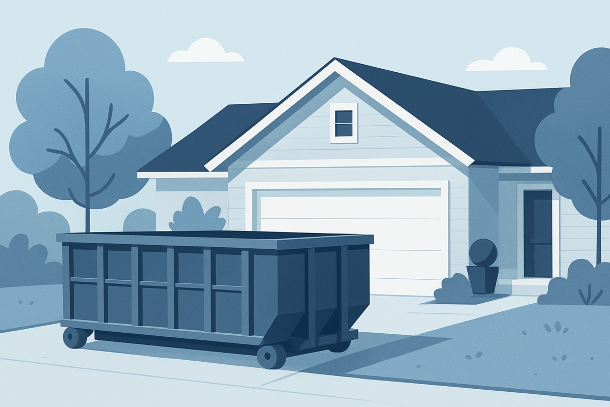 Illustration of a roll-off dumpster at a home