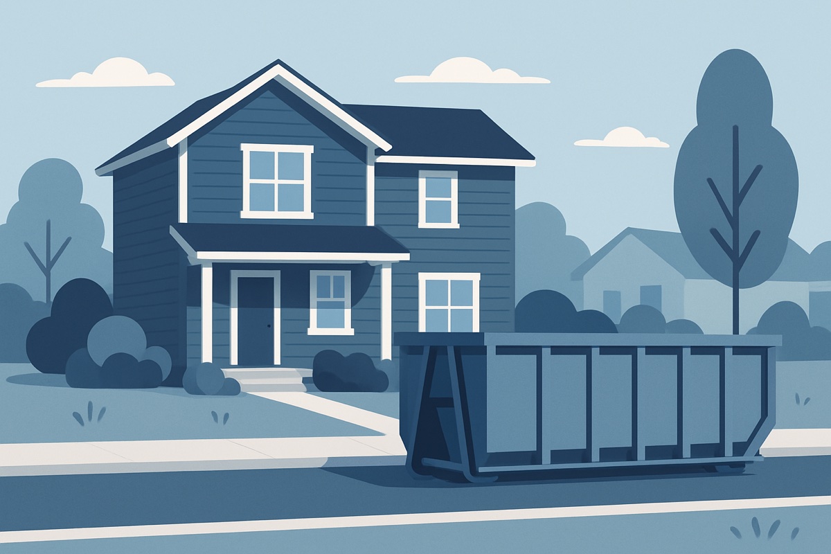 Illustration of a roll-off dumpster at a home