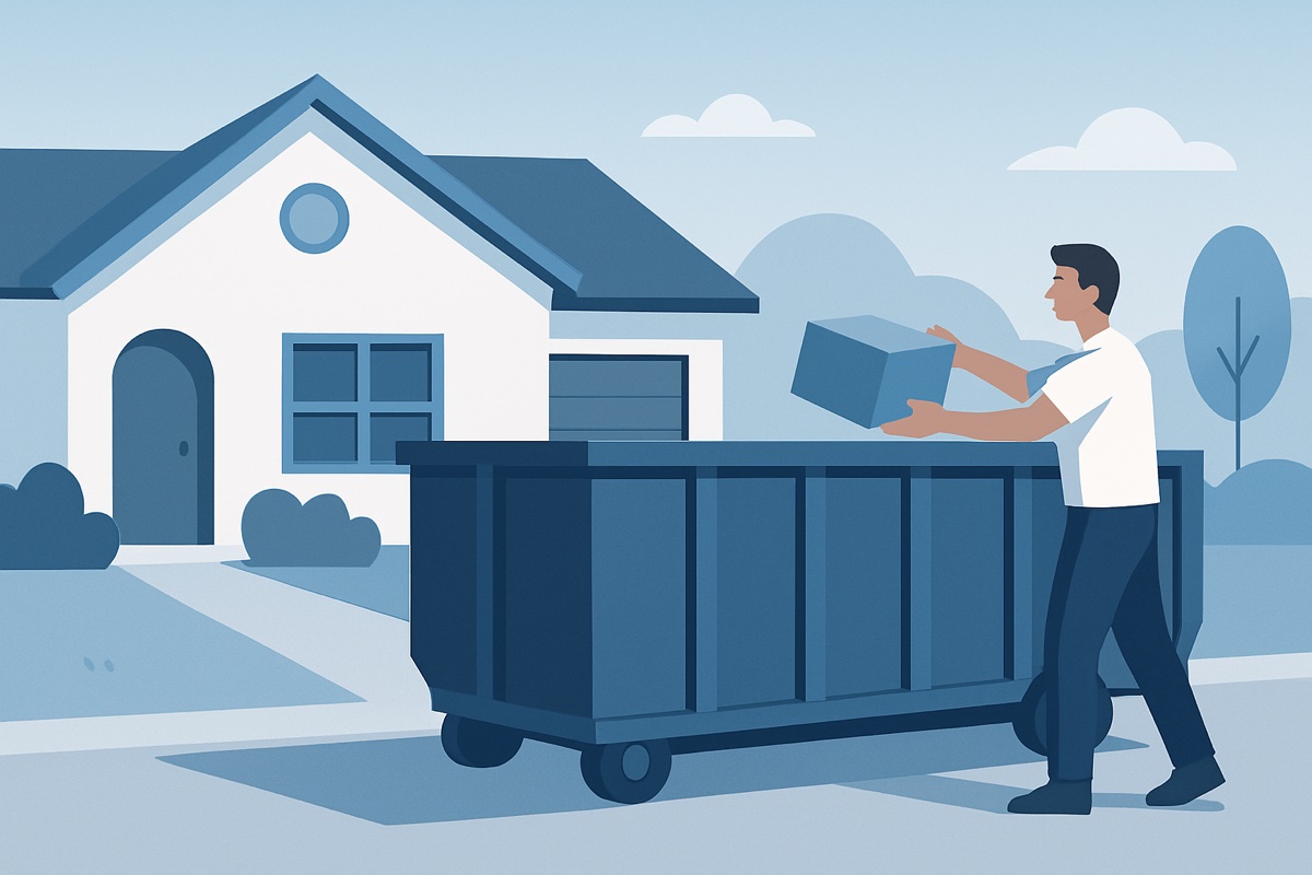 Illustration of a roll-off dumpster at a home