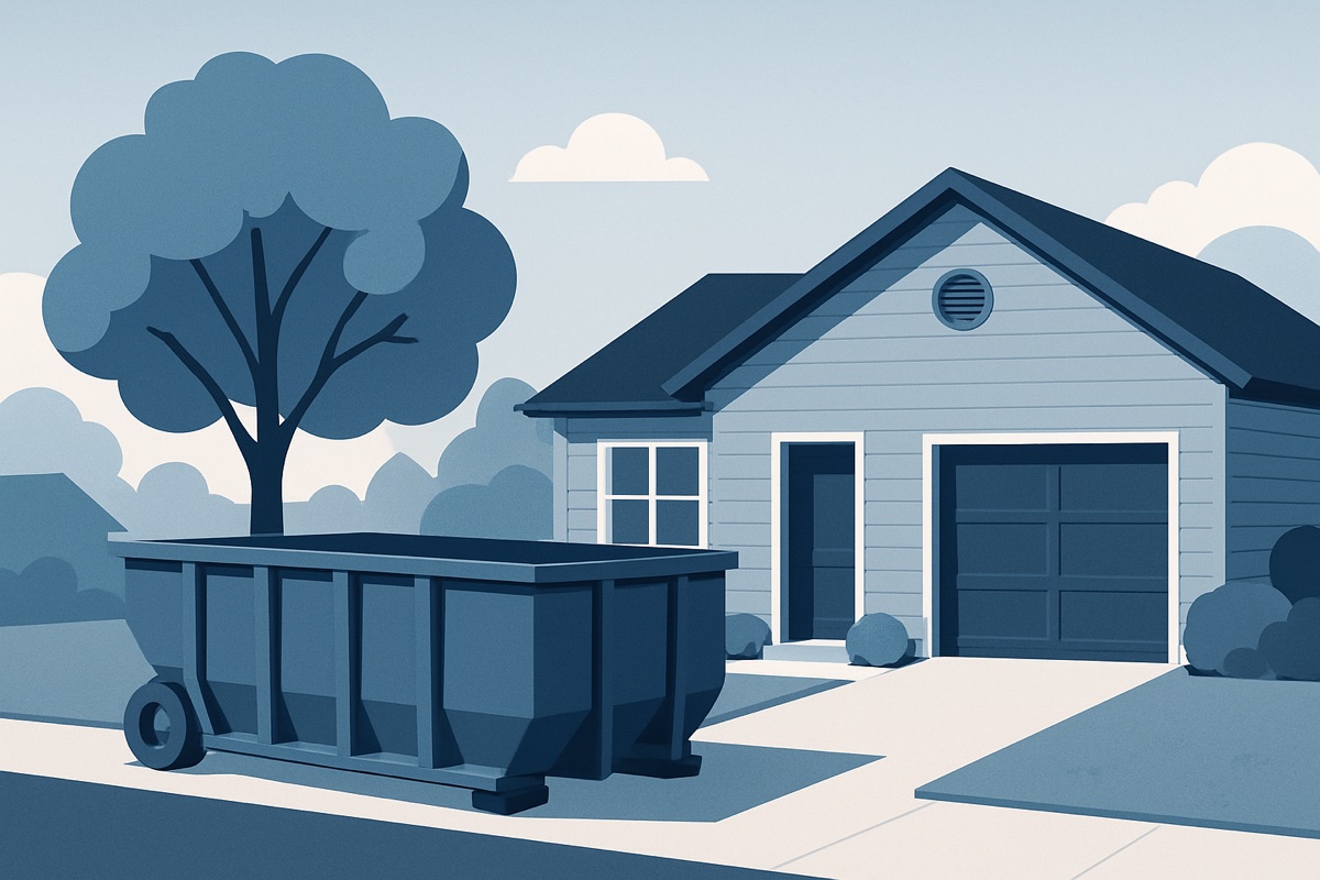 Illustration of a roll-off dumpster at a home