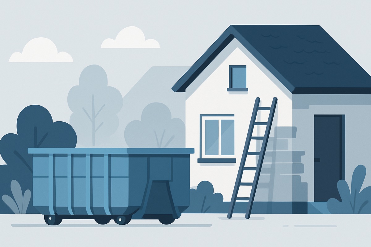 Illustration of a roll-off dumpster at a home