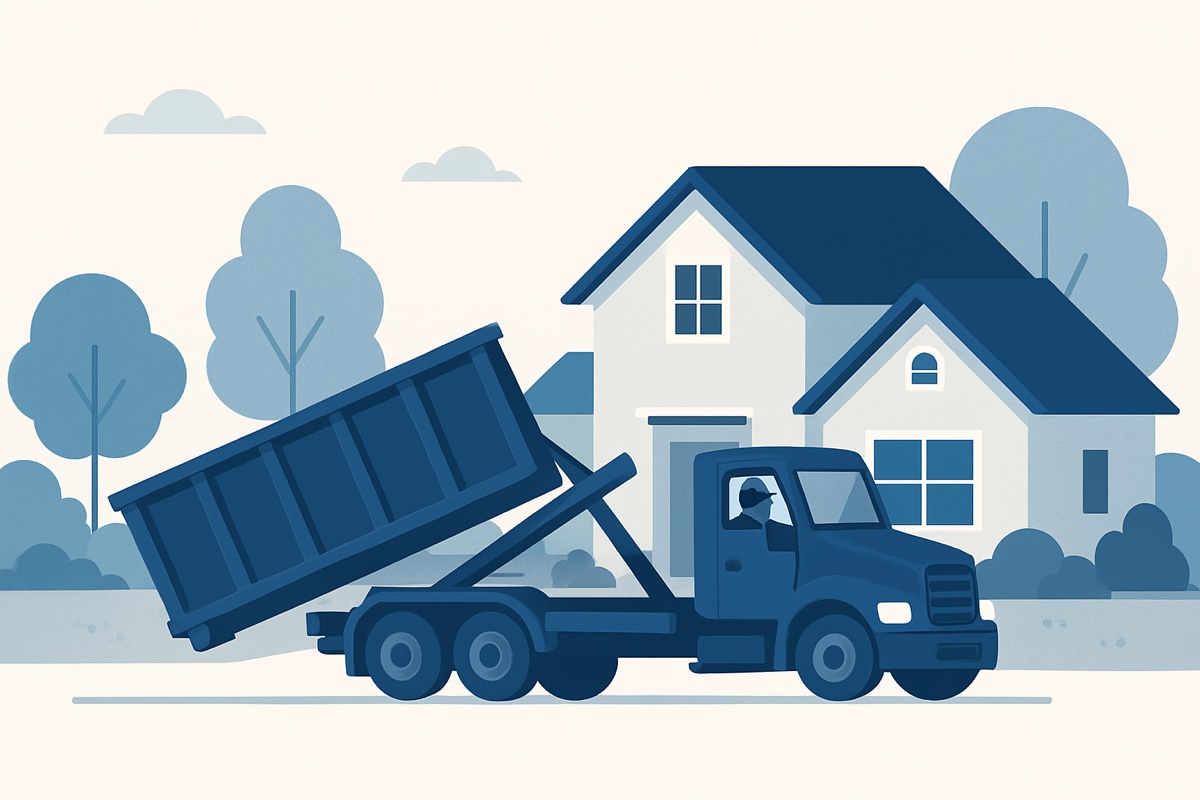 Illustration of a roll-off dumpster at a home