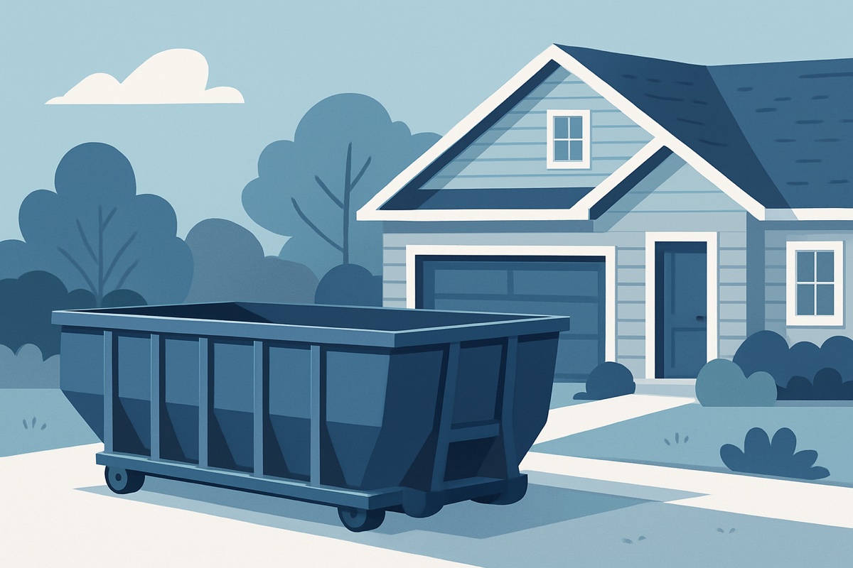 Illustration of a roll-off dumpster at a home