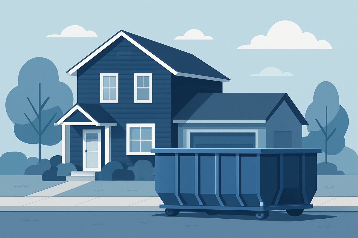 Illustration of a roll-off dumpster at a home
