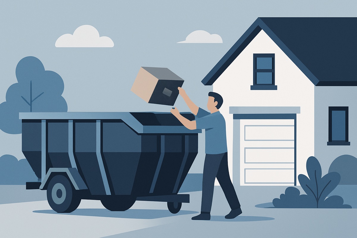Illustration of a roll-off dumpster at a home