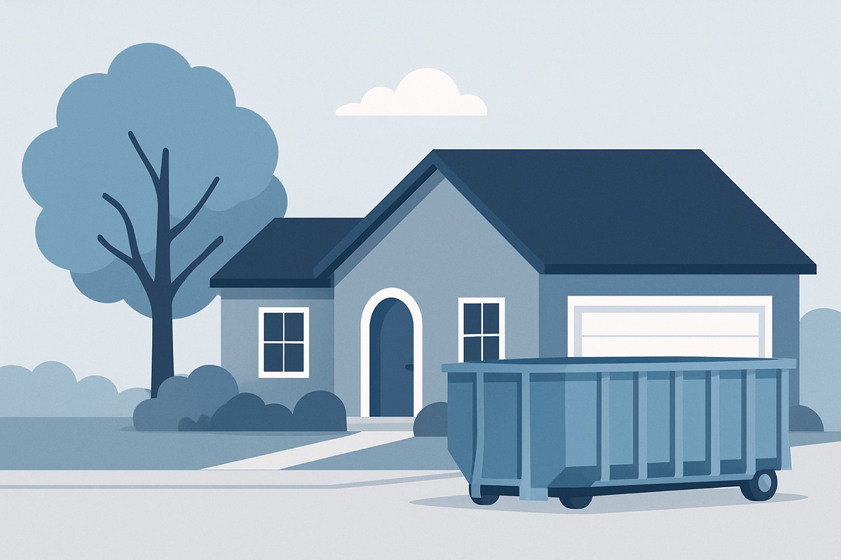 Illustration of a roll-off dumpster at a home