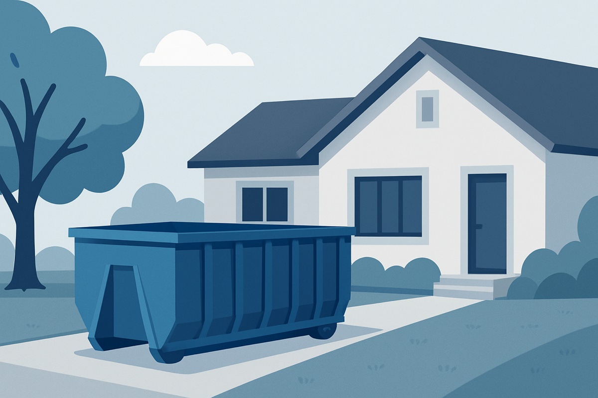 Illustration of a roll-off dumpster at a home