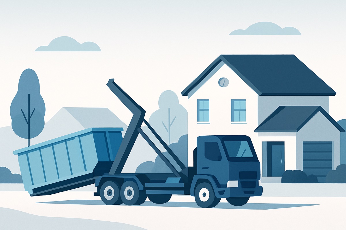 Illustration of a roll-off dumpster at a home
