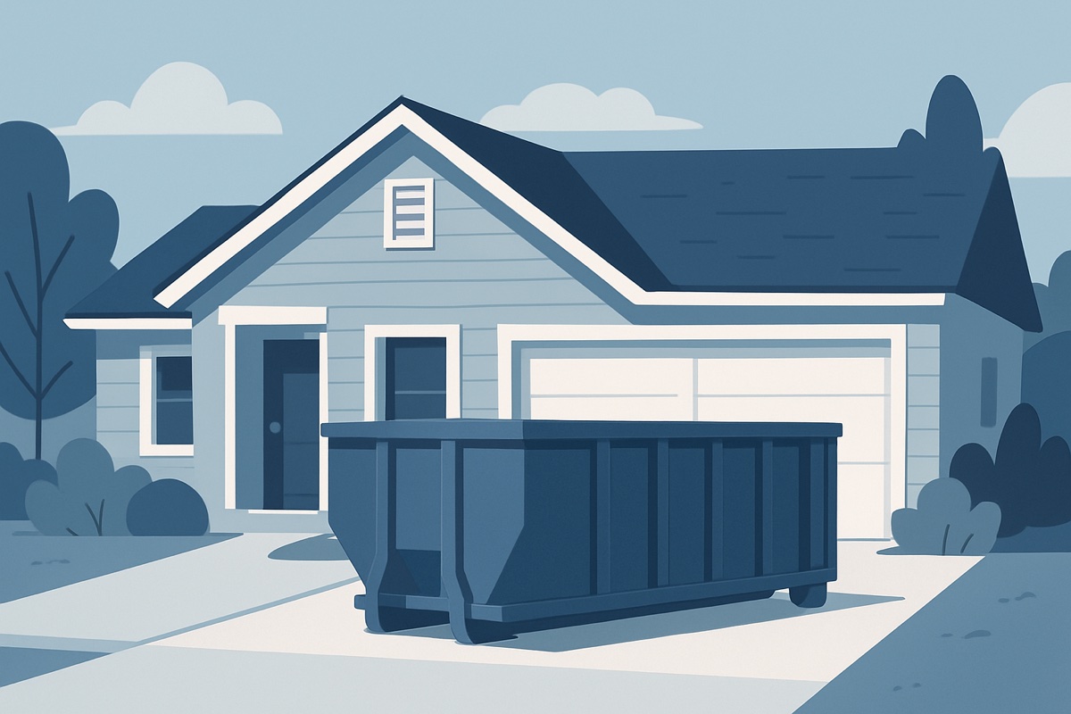 Illustration of a roll-off dumpster at a home