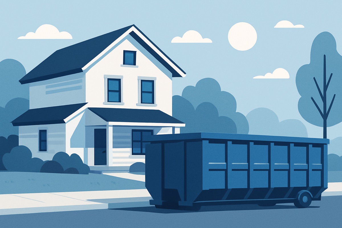 Illustration of a roll-off dumpster at a home