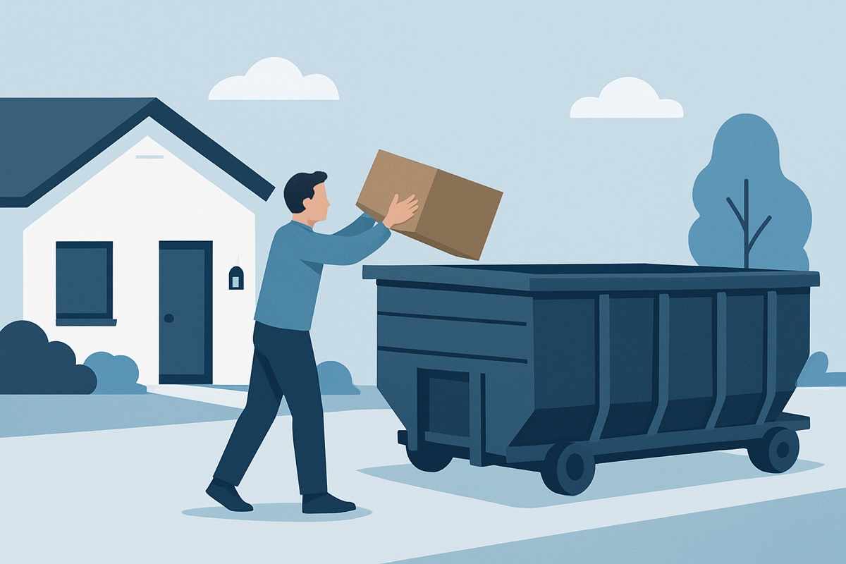 Illustration of a roll-off dumpster at a home