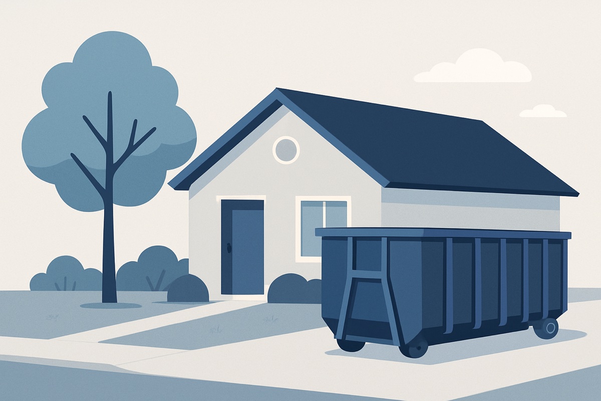 Illustration of a roll-off dumpster at a home