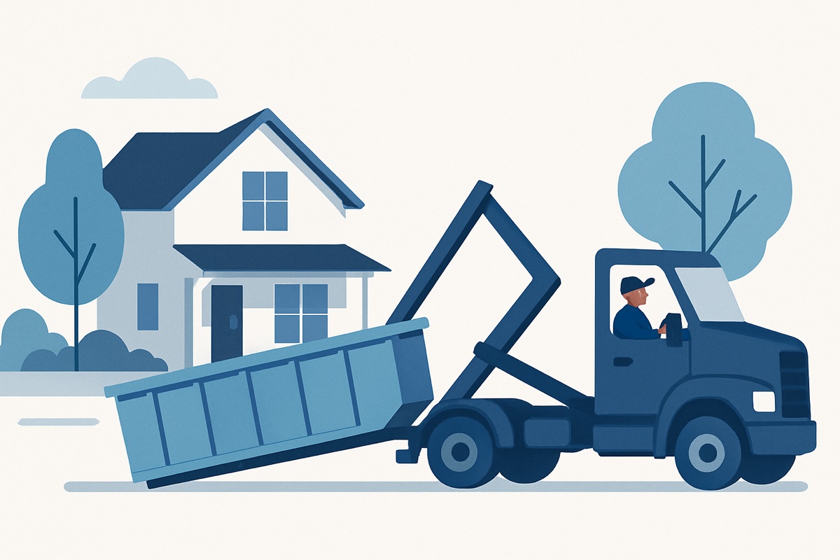 Illustration of a roll-off dumpster at a home
