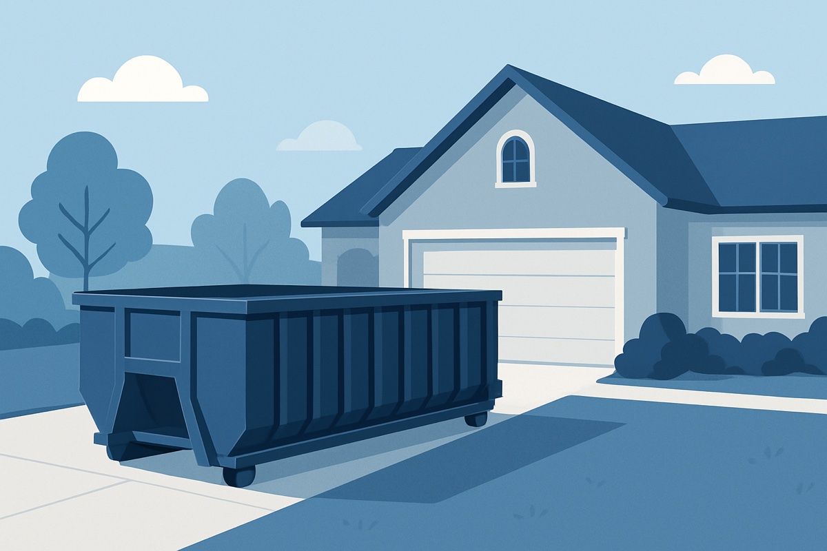 Illustration of a roll-off dumpster at a home