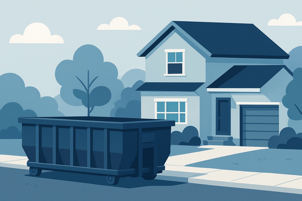 Illustration of a roll-off dumpster at a home