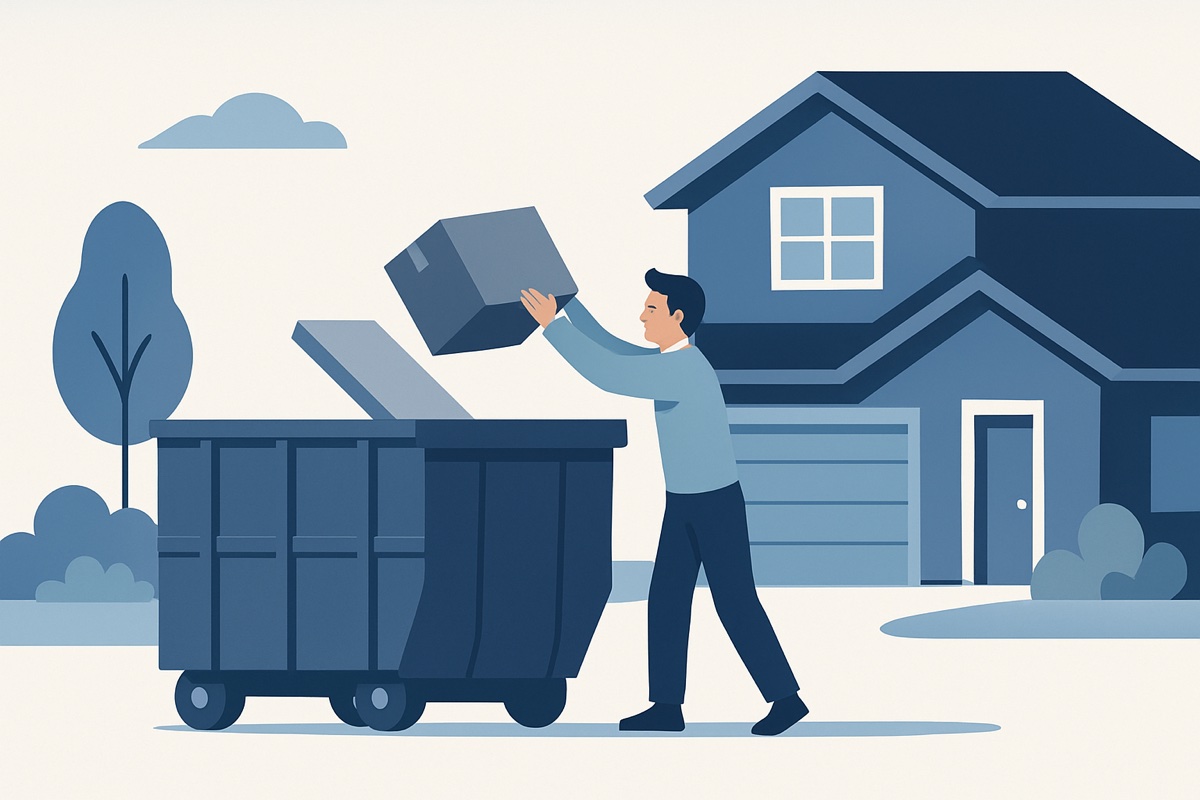 Illustration of a roll-off dumpster at a home