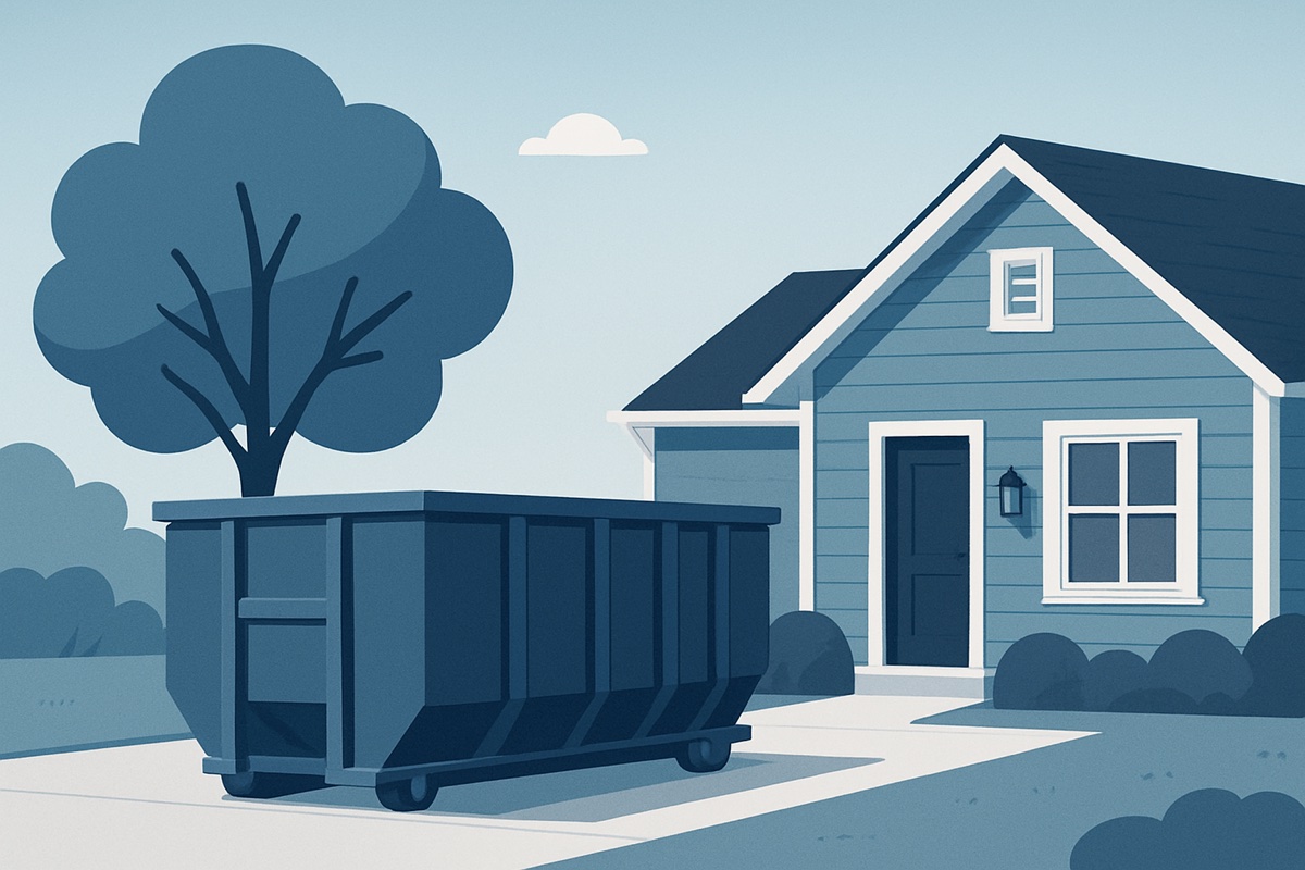 Illustration of a roll-off dumpster at a home