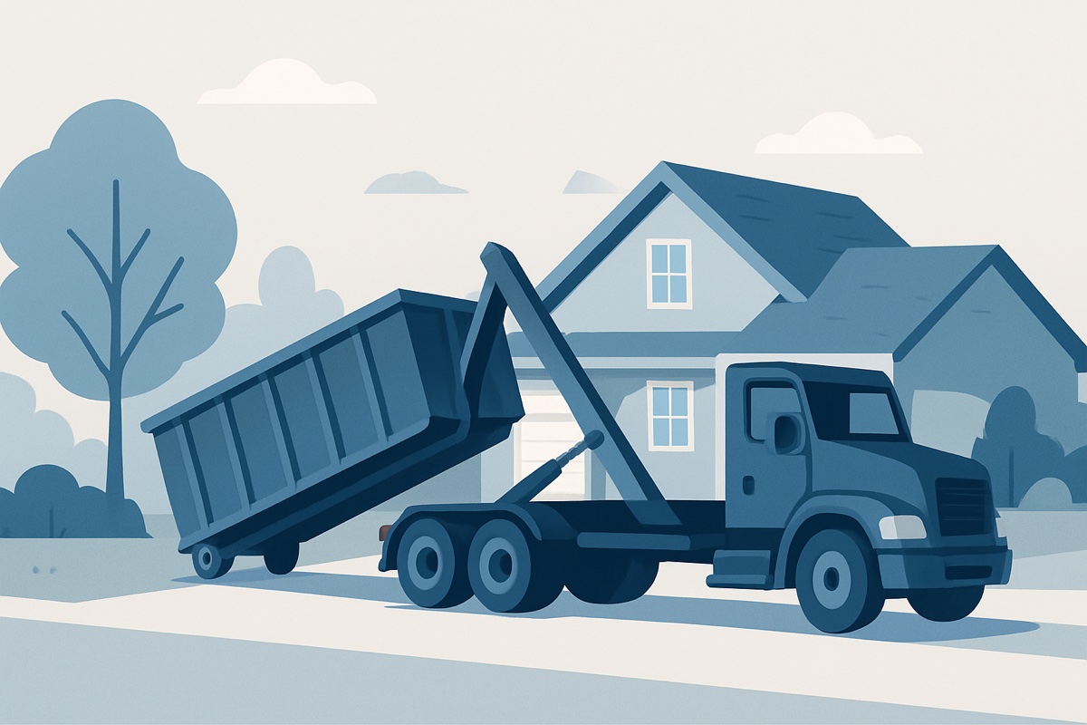 Illustration of a roll-off dumpster at a home