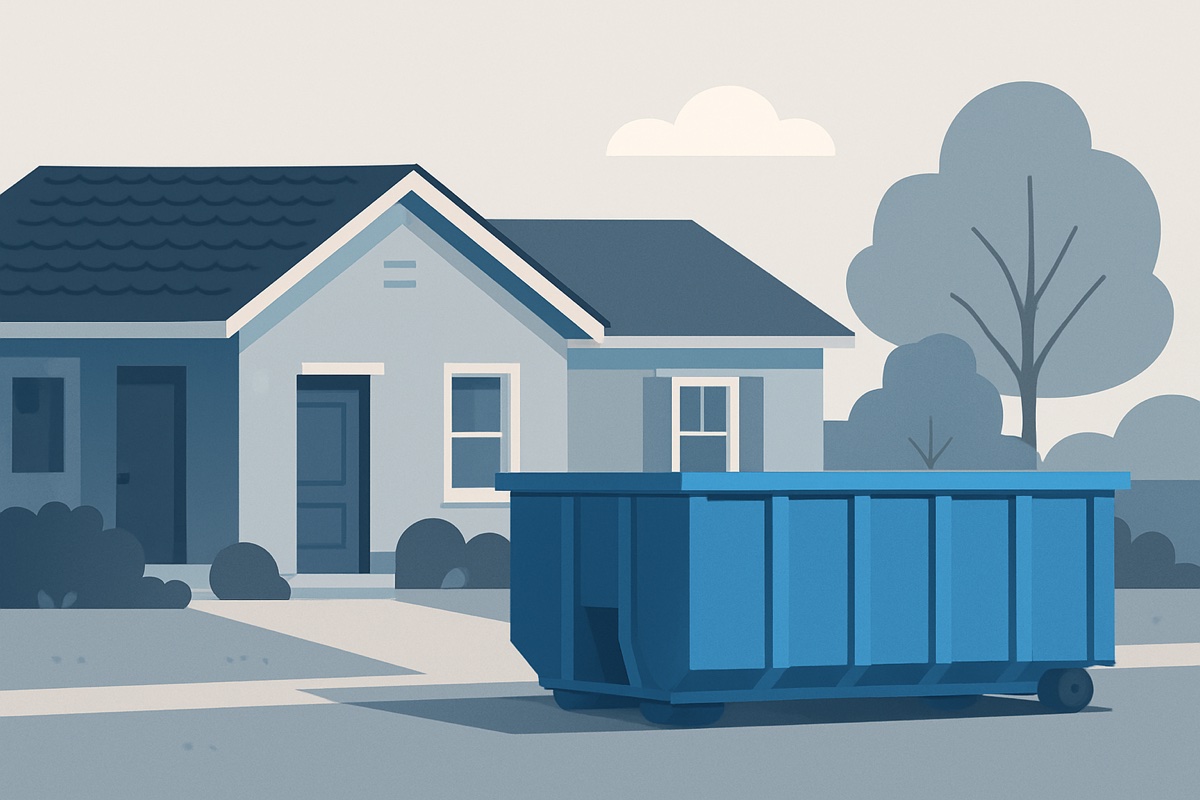 Illustration of a roll-off dumpster at a home