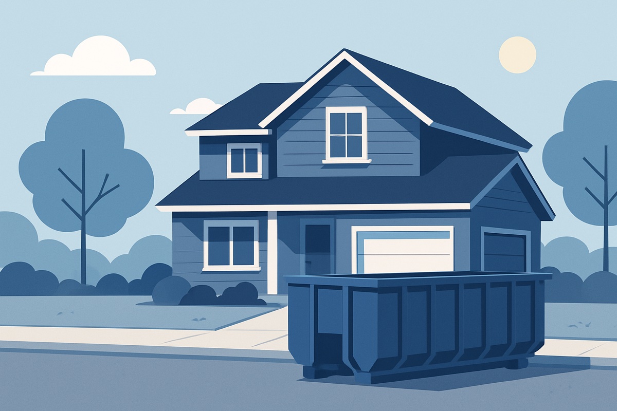 Illustration of a roll-off dumpster at a home