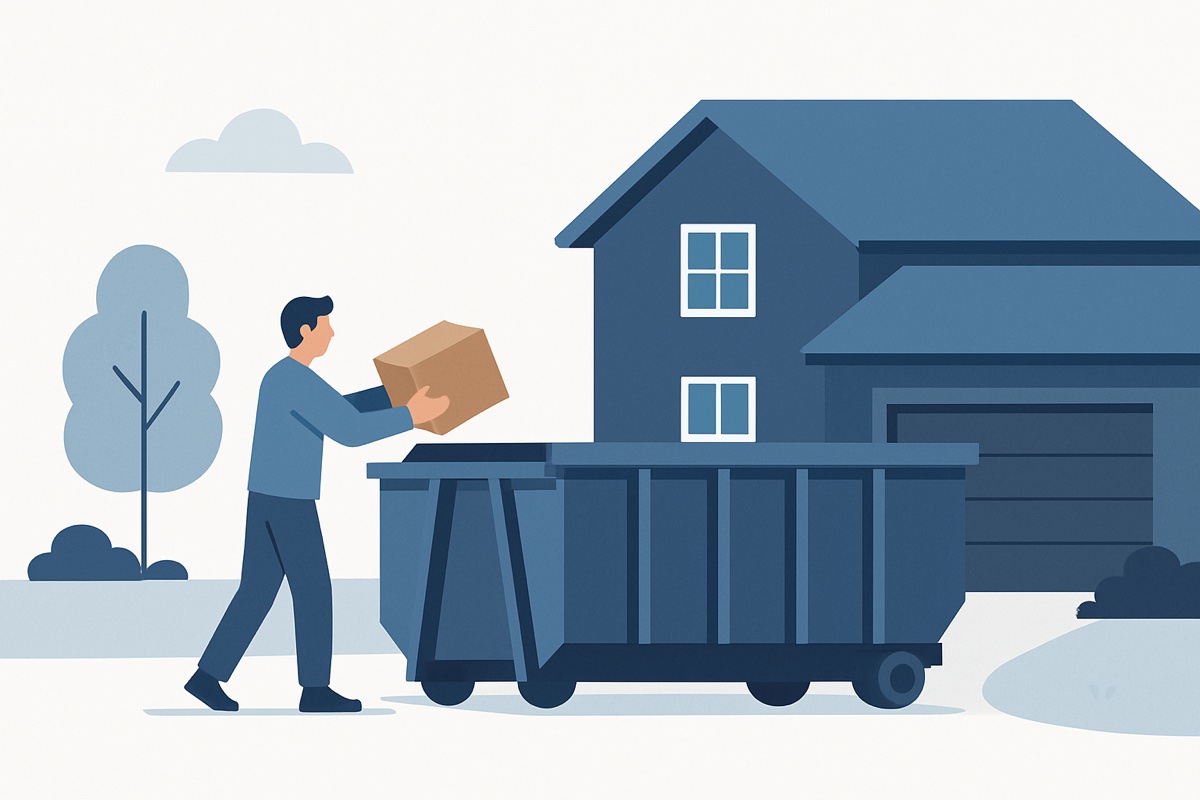 Illustration of a roll-off dumpster at a home