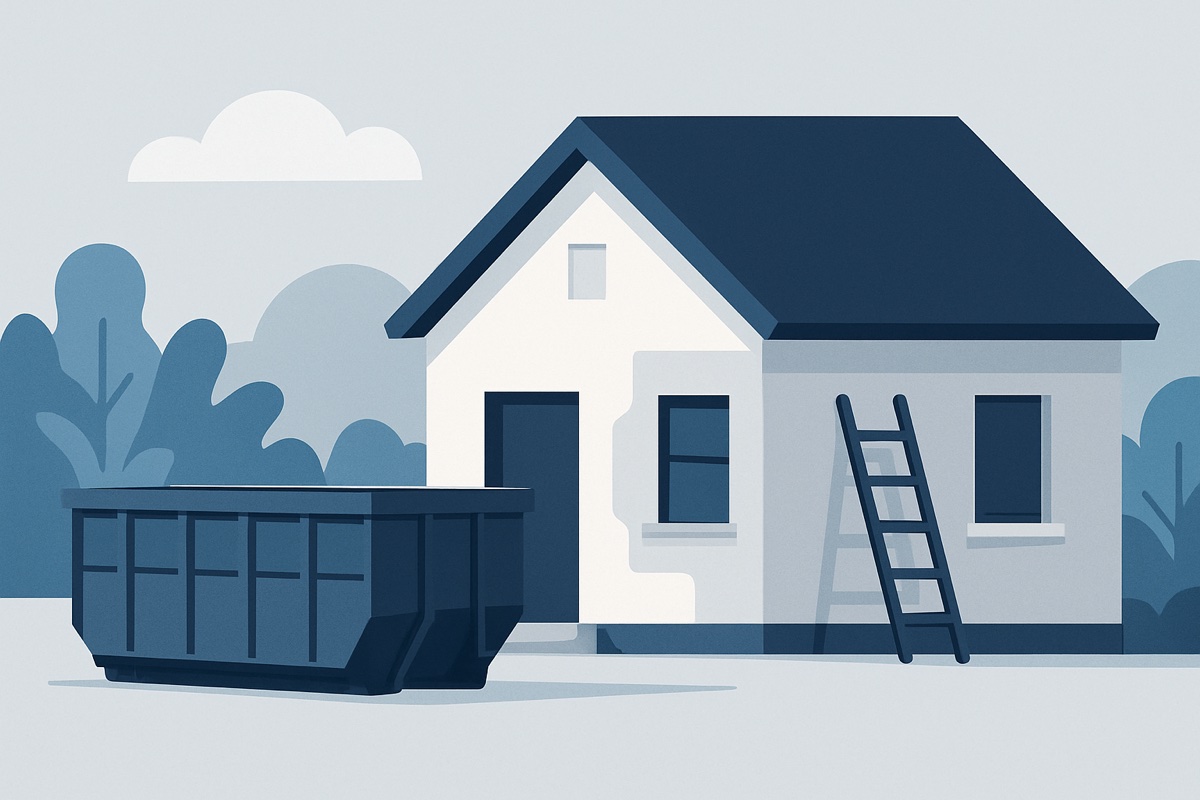 Illustration of a roll-off dumpster at a home