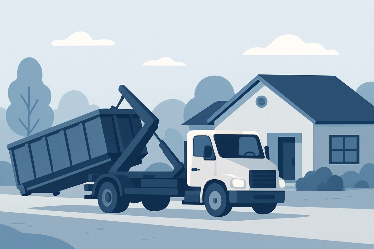 Illustration of a roll-off dumpster at a home