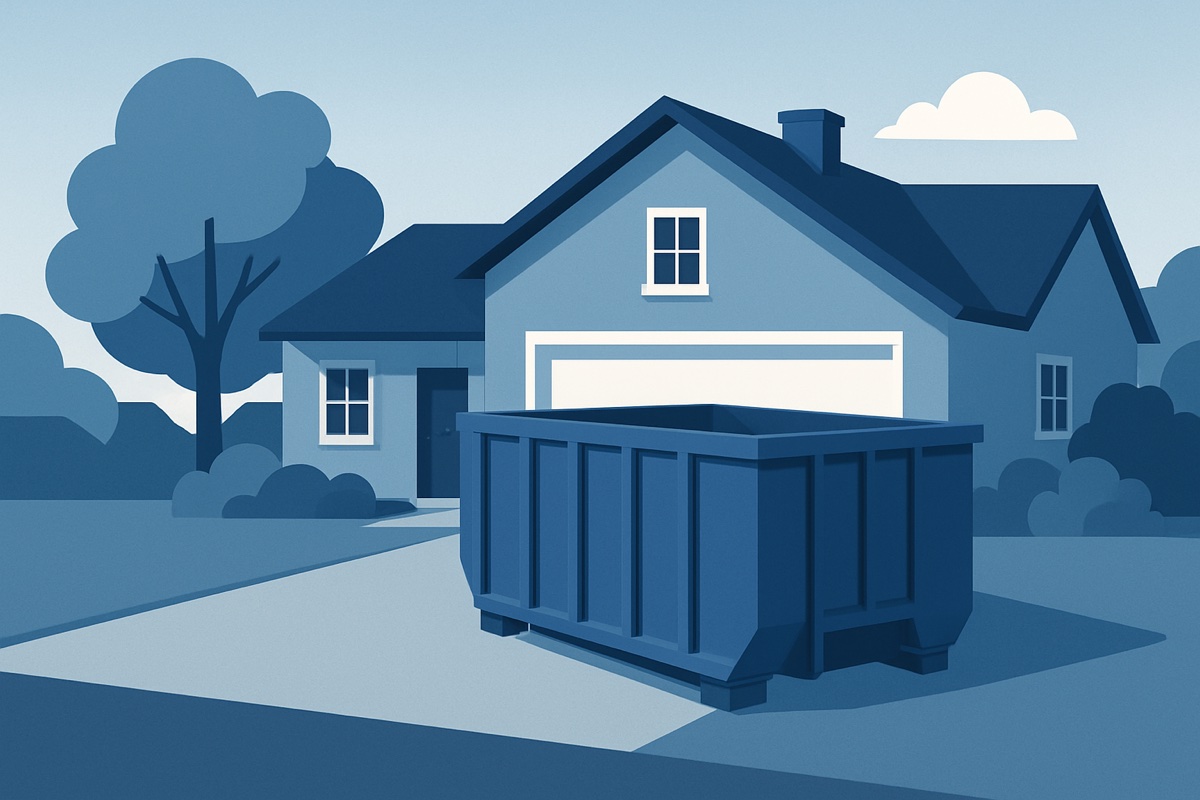 Illustration of a roll-off dumpster at a home