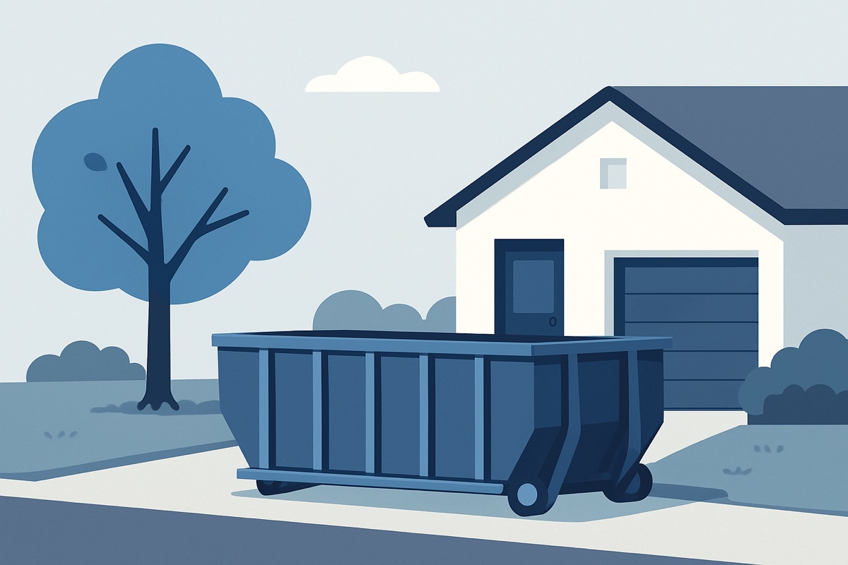 Illustration of a roll-off dumpster at a home