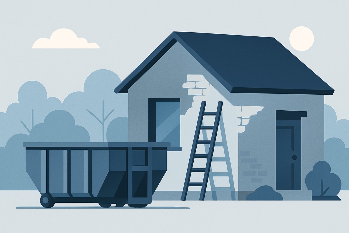 Illustration of a roll-off dumpster at a home