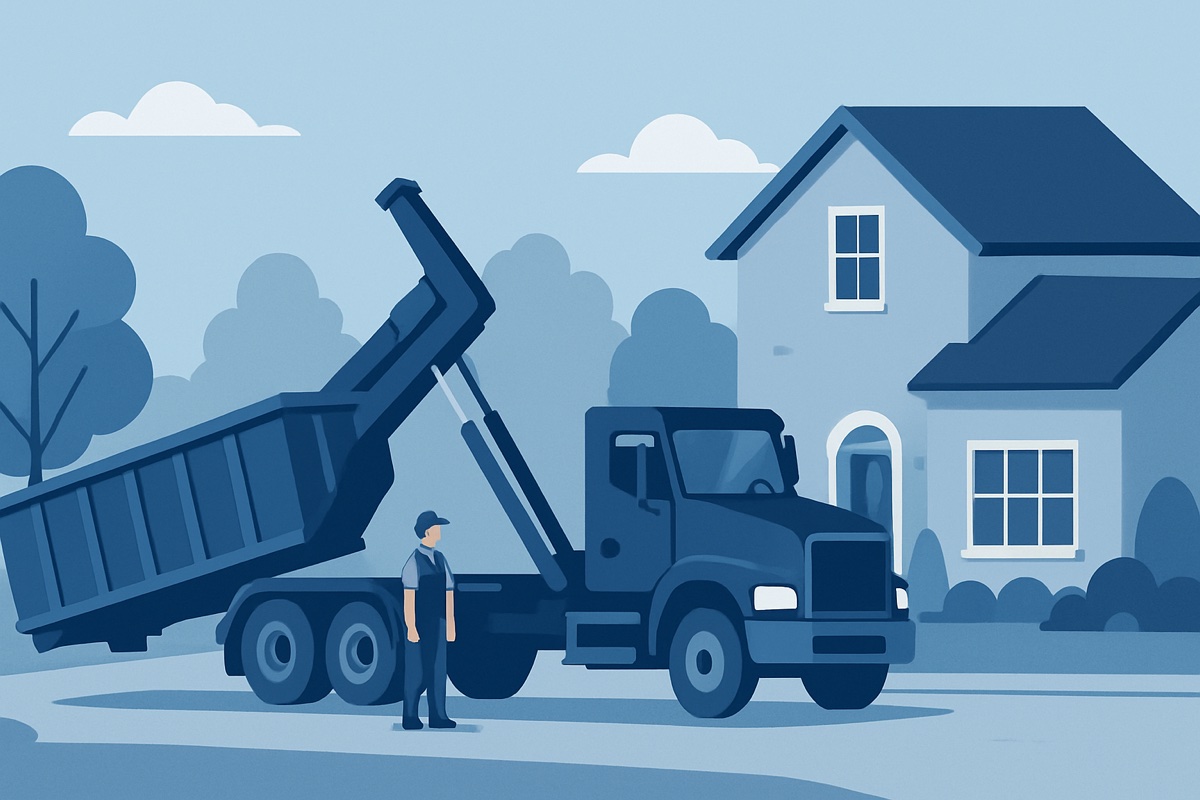 Illustration of a roll-off dumpster at a home