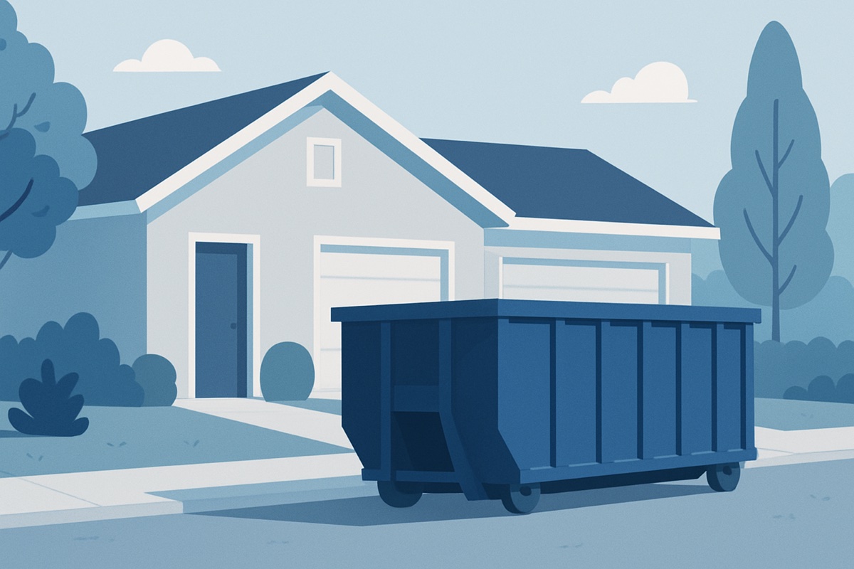 Illustration of a roll-off dumpster at a home