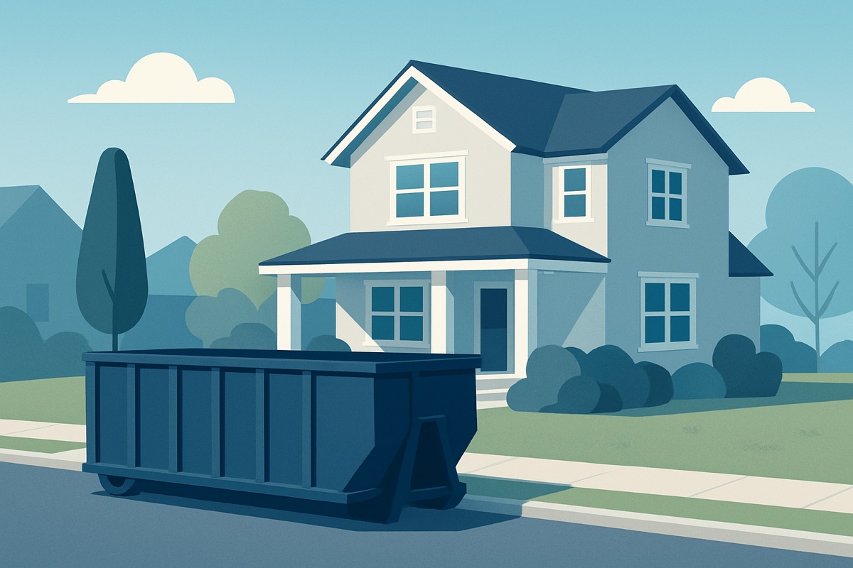 Illustration of a roll-off dumpster at a home